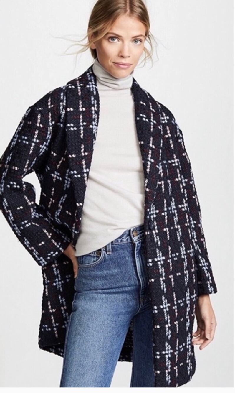 WAYF Valmont Plaid Tweed Jacket Navy Blue Small